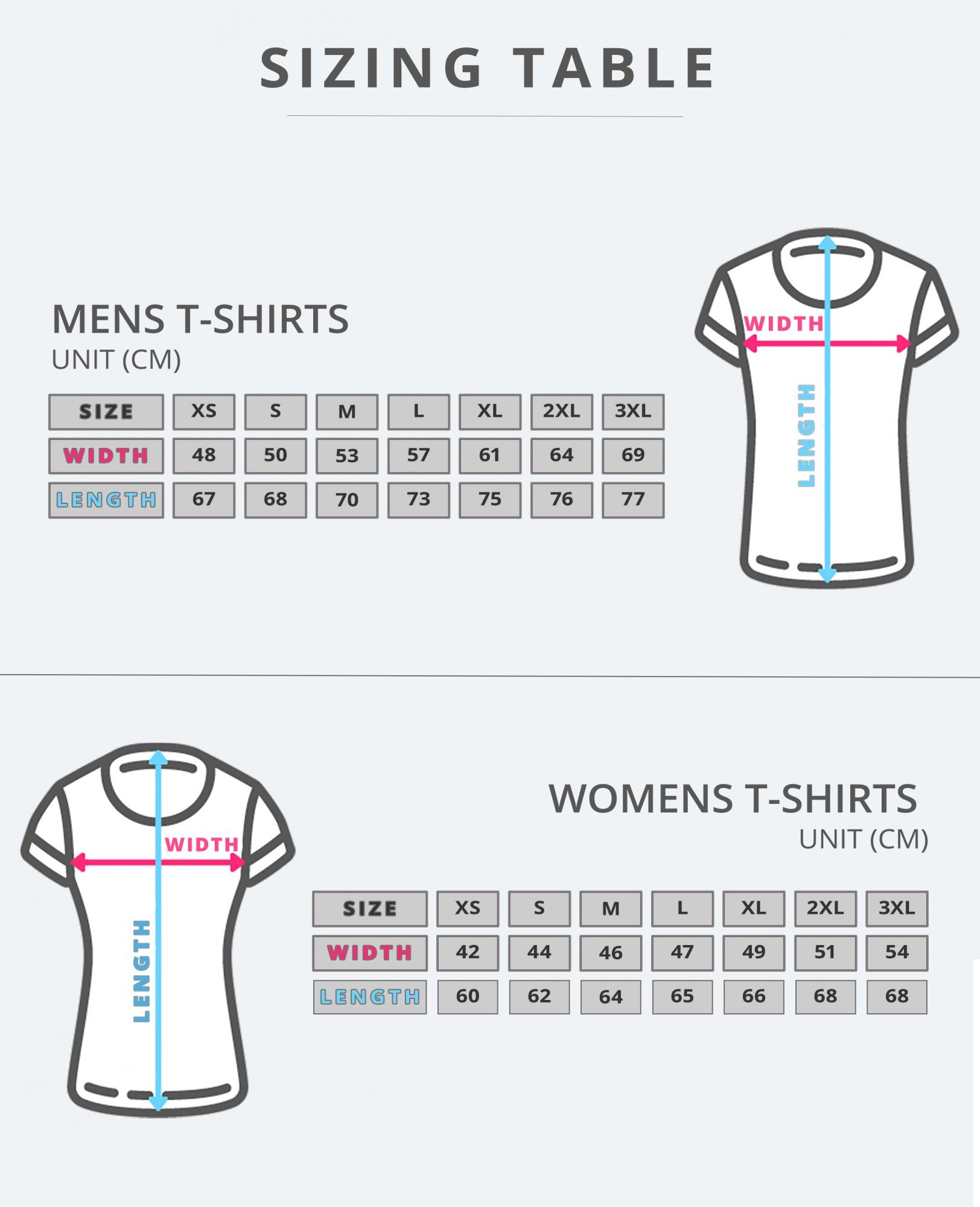Women And Men T-Shirts Size Table