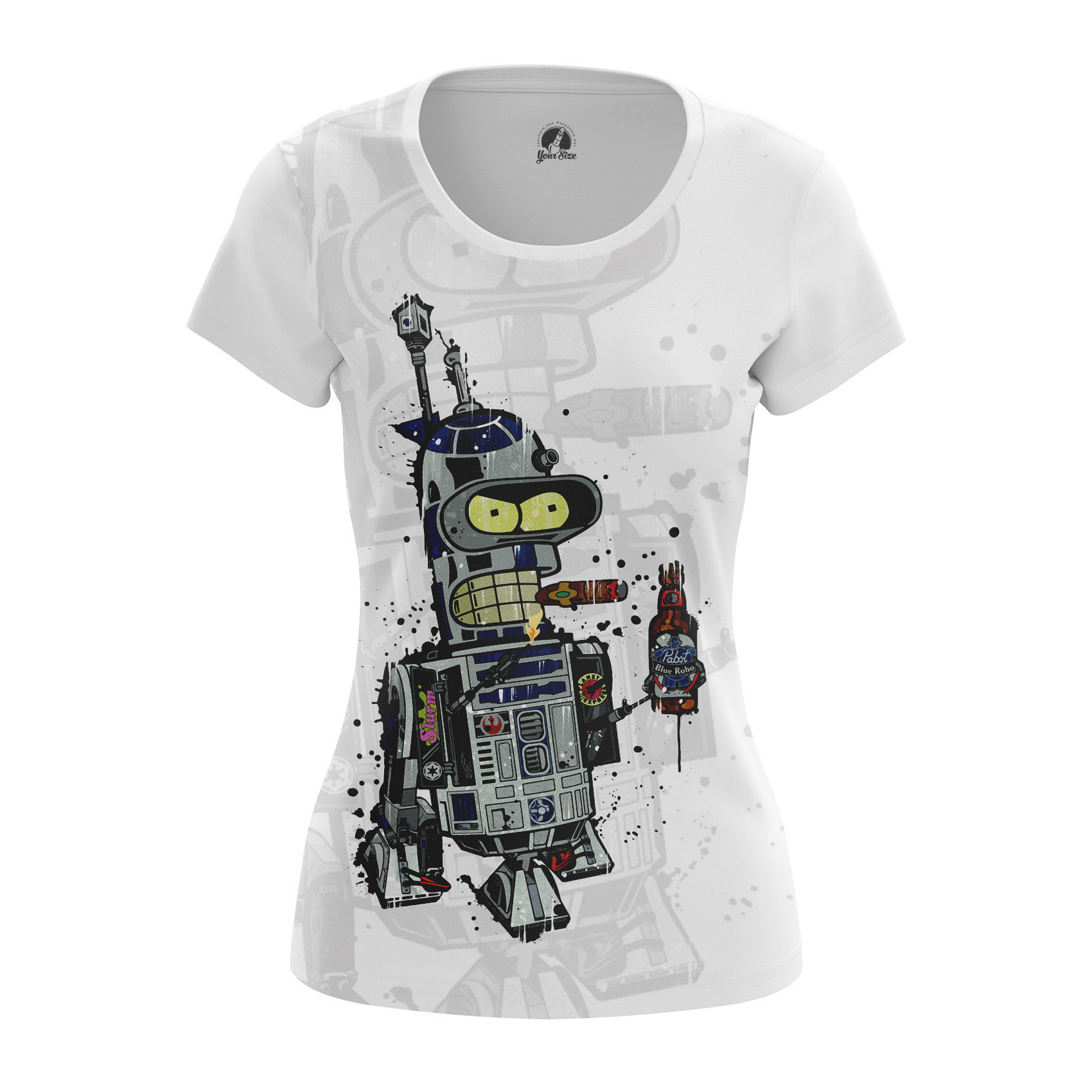 Women’s t-shirt Star Wars R2D2 Futurama apparel features.